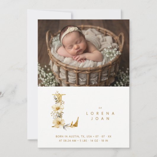 Faire-part Dreamy Floral E Initial Gold Glitter Newborn (Devant)