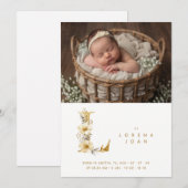 Faire-part Dreamy Floral E Initial Gold Glitter Newborn (Devant / Derrière)