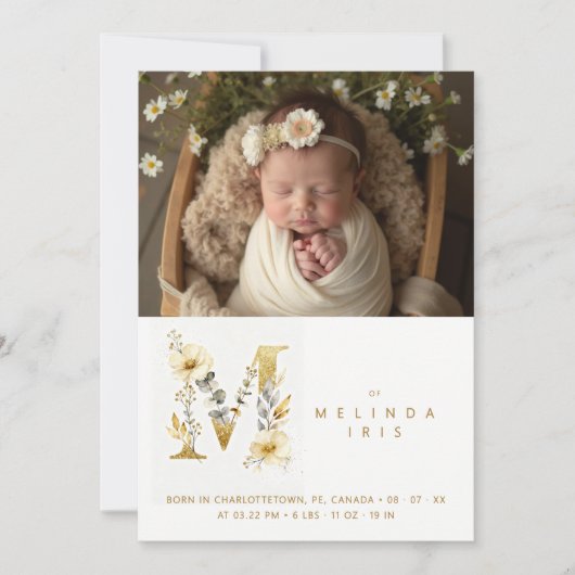 Faire-part Dreamy Floral M Initial Gold Glitter Newborn (Devant)