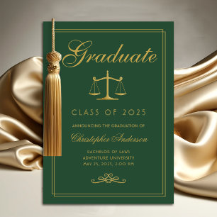 Faire-part Droit Green Gold Scales of Justice Graduation