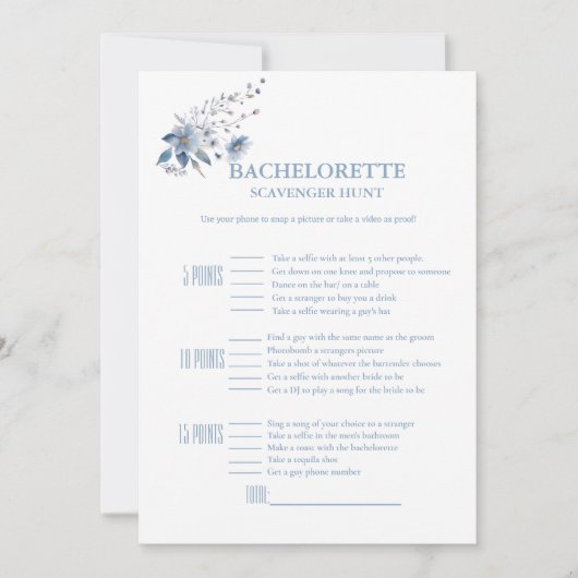 Faire-part Dusty bleu floral bachelorette jeu de chasse (Devant)