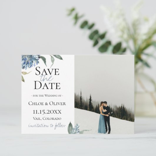 Faire-part Dusty Blue Botanical Photo Enregistrer La Date (Debout devant)