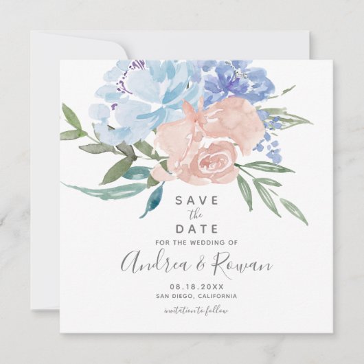 Faire-part Dusty Blue et rose Floral Enregistrer la date (Devant)