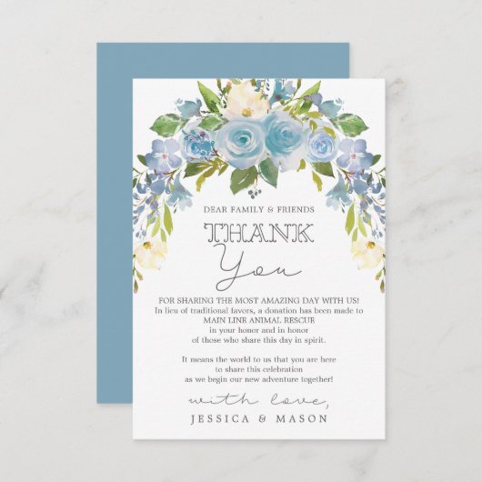Faire-part Dusty Blue Floral en remplacement des faveurs Plac (Devant / Derrière)
