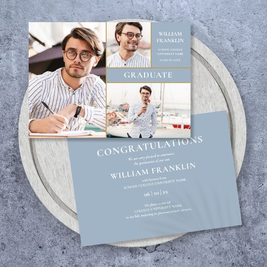 Faire-part Dusty Blue Graduate Gold 3 Photo Graduate