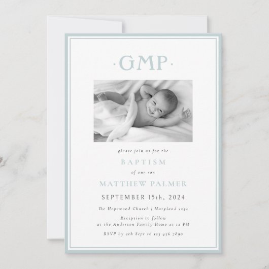 Faire-part Dusty Blue Monogramme Garçon Baptême bébé (Devant)