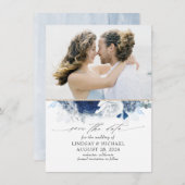 Faire-part Dusty Blue & Navy Blue Floral Enregistrer la date  (Devant / Derrière)