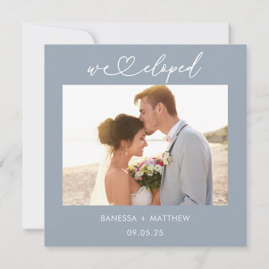Faire-part Dusty Blue We Eloped Photo Heart Script Mariage (Devant)