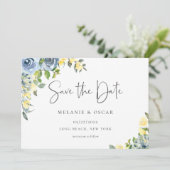 Faire-part Dusty Blue Yellow Floral Photo Enregistrer la date (Debout devant)