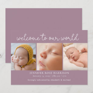 Faire-part Dusty Purple Welcome Photo Collage Naissance