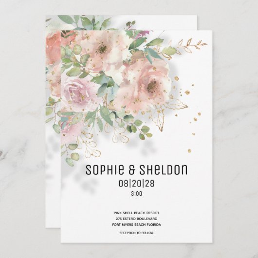 Faire-part Dusty Rose Eucalyptus Mariage de verdure A (Devant / Derrière)