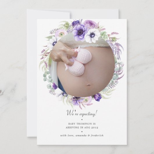 Faire-part Dusty Violet Pastel Floral Photo Grossesse (Devant)