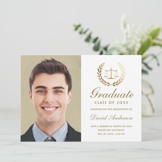 Faire-part Échelles d'or de la justice Droit Diplôme blanc (Debout devant)