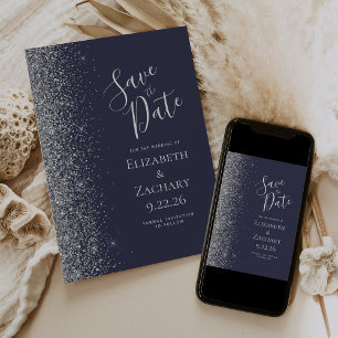 Faire-part Économisez la date Moderne Bleu Foncé Argent Paill