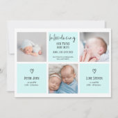 Faire-part Écriture chic 3 photo collage bleu bébé jumeaux na (Devant)