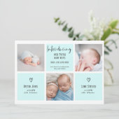Faire-part Écriture chic 3 photo collage bleu bébé jumeaux na (Debout devant)