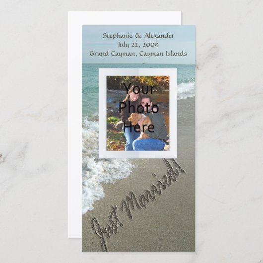 Faire-part Ecriture de sable sur la plage, juste marié (Devant / Derrière)