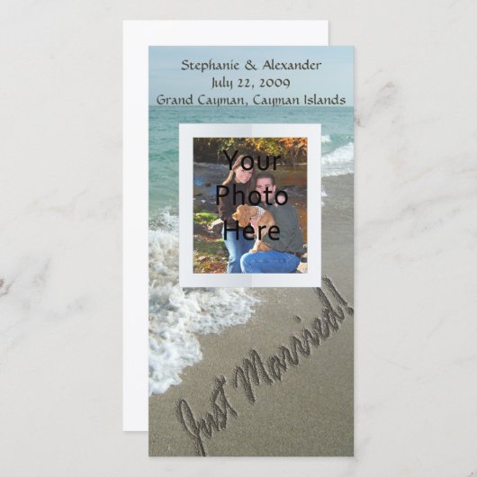 Faire-part Ecriture de sable sur la plage, juste marié (Devant / Derrière)