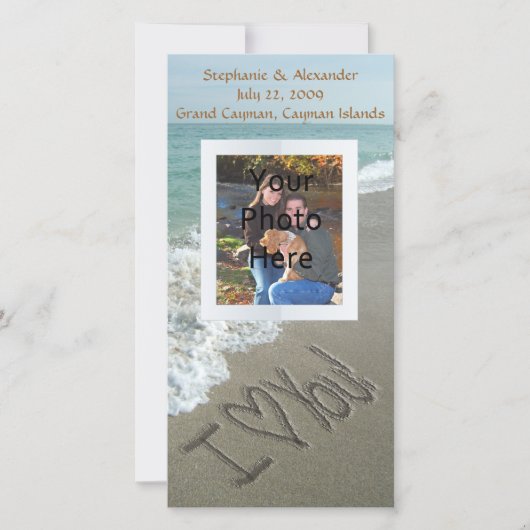 Faire-part Écriture sur le sable de la plage, je t'aime (Devant)