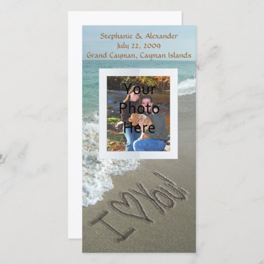 Faire-part Écriture sur le sable de la plage, je t'aime (Devant / Derrière)