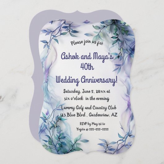 Faire-part Editable Feuilles Bleues et Vagues Viol (Devant / Derrière)