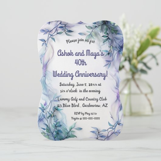 Faire-part Editable Feuilles Bleues et Vagues Viol (Debout devant)