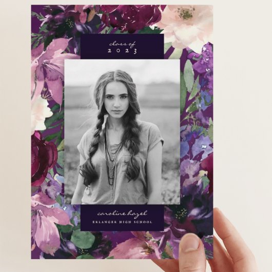Faire-part Eggplant Purple Floral Graduation Photo
