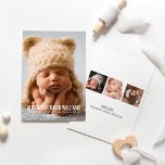 Faire-part Elégance moderne bébé garçon photo naissance<br><div class="desc">Annoncez votre nouveau bébé garçon à votre famille et à vos amis dans le style avec ce faire-part de naissance photo simple et élégant. Comprend une superposition de texte moderne sur la photo avant en vedette, et trois photos carrés au dos de la carte avec du texte qui peut être...</div>