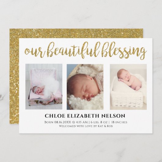 Faire-part Elégant 3 photo Notre Belle Bénédiction Or Simple (Devant / Derrière)