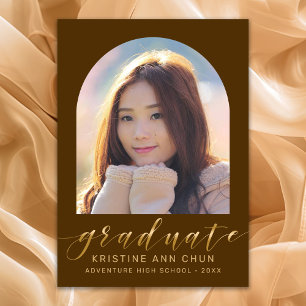 Faire-part Élégant Arc Brown Gold Script Photo Graduation