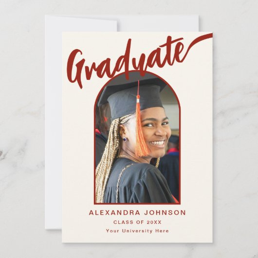Faire-part Élégant Arc Diplômé Photo Brûlé Orange Script (Devant)