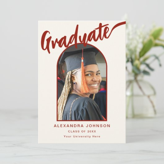 Faire-part Élégant Arc Diplômé Photo Brûlé Orange Script (Debout devant)