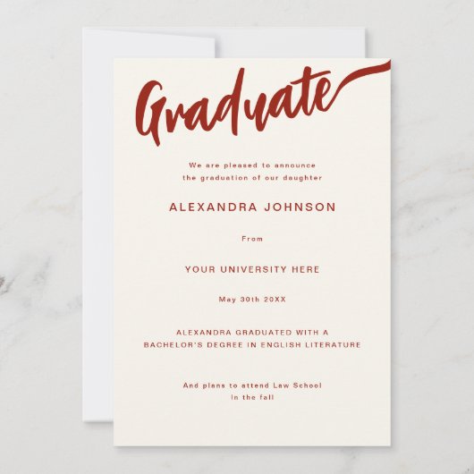 Faire-part Élégant Arc Diplômé Photo Brûlé Orange Script (Dos)