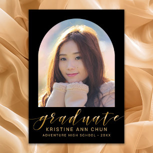 Faire-part Élégant Arc Noir Gold Script Photo Graduation