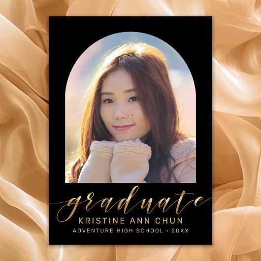Faire-part Élégant Arc Noir Gold Script Photo Graduation