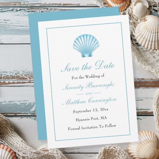 Faire-part Elégant Beach Blue Shell Wedding Enregistrer la da