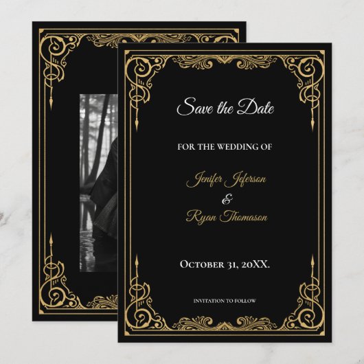 Faire-part Elegant black and gold wedding save the date (Devant / Derrière)
