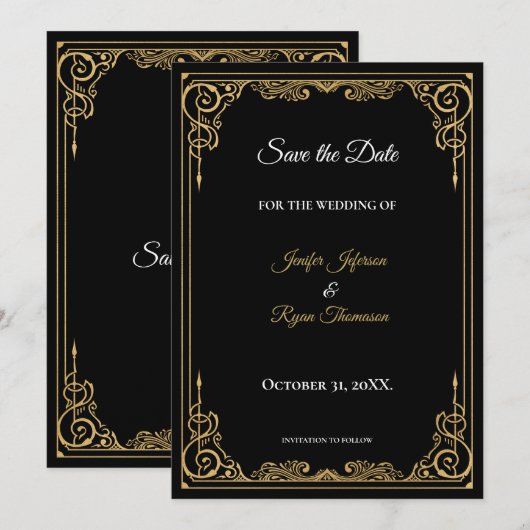 Faire-part Elegant black and gold wedding save the date (Devant / Derrière)