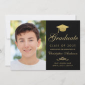 Faire-part Elégant Black Gold Script Casquette photo Graduati (Devant)