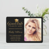 Faire-part Élégant Black Gold Script Photo College Graduation (Debout devant)