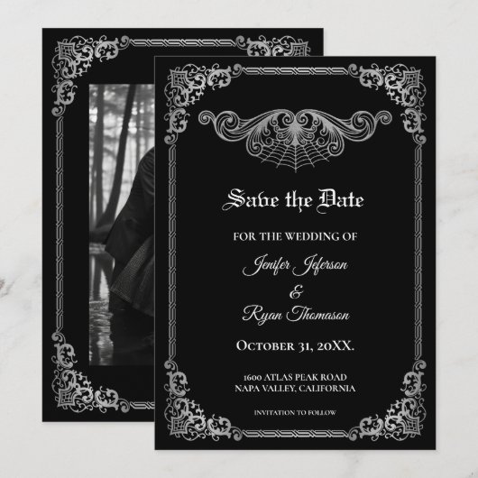 Faire-part Elegant black Gothic wedding save the date (Devant / Derrière)