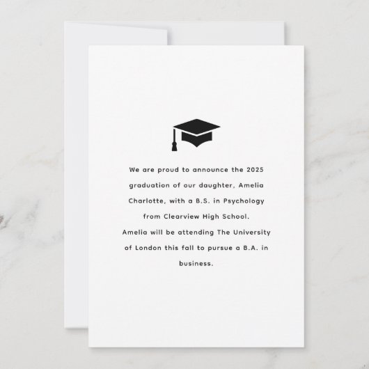 Faire-part Élégant blanc Script superposition photo de diplôm (Dos)