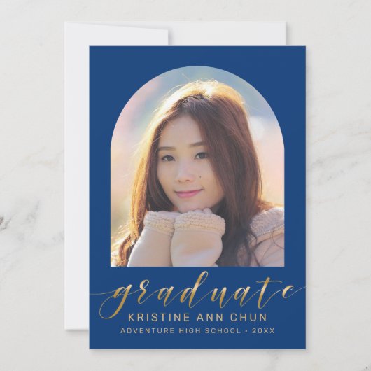 Faire-part Élégant Bleu Arc Or Script photo Graduation (Devant)