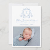 Faire-part Elégant bleu floral Crest Monogramme 4 Photo Naiss (Devant)