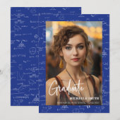 Faire-part Élégant Bleu Math Script Photo Graduation (Devant / Derrière)