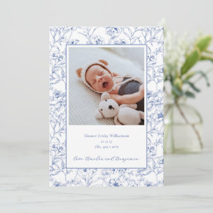 Faire-part Elégant bleu Vintage floral photo bébé naissance