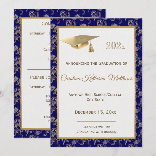 Faire-part Élégant Blue Gold Lion Floral Graduation (Devant / Derrière)