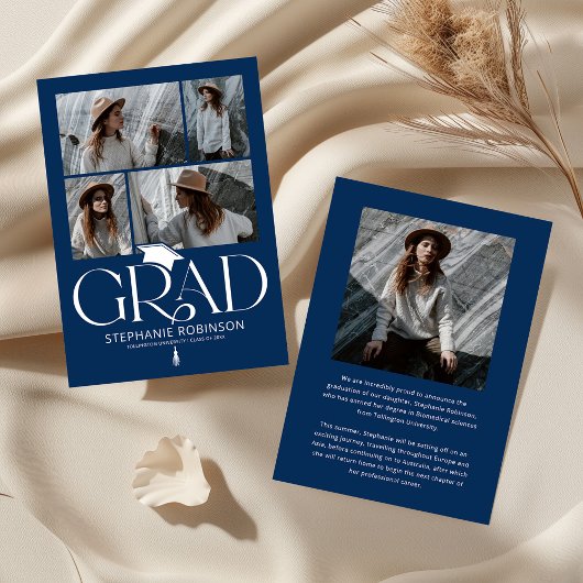 Faire-part Elegant Blue & White Photo Collage Graduation