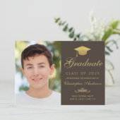 Faire-part Elégant Brown Gold Script Casquette photo Graduati (Debout devant)