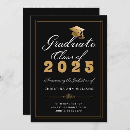 Faire-part Elégant Casquette Gold Grad Frame Black 2024 Gradu (Devant / Derrière)